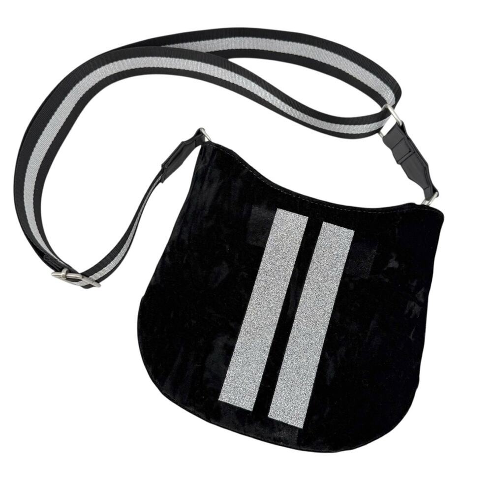 Koala Kanvas Black Velvet Crossbody Bag Silver Stripe Medium Adjustable Zipper